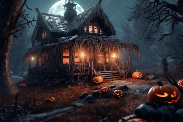 Casa assombrada no conceito de celebração do halloween Casa assustadora com prédio deserto e abóbora