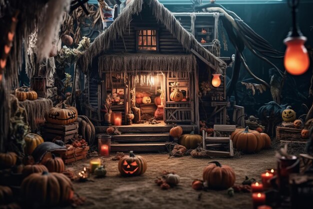 Casa assombrada no conceito de celebração do halloween Casa assustadora com prédio deserto e abóbora