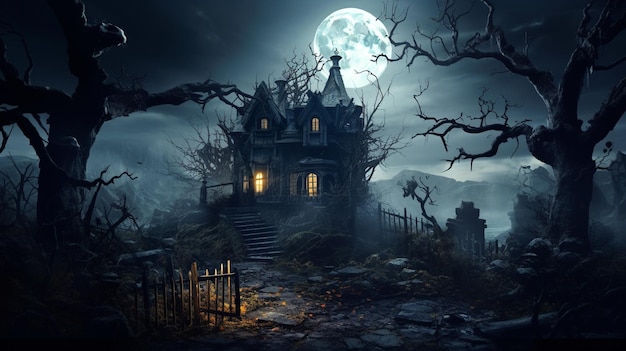 casa assombrada no meio da noite com cena assustadora para decoração festiva de Halloween