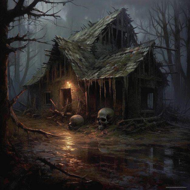 Casa assustadora de Halloween Casa de fazenda abandonada que se protege da atmosfera estranha de chuva pesada