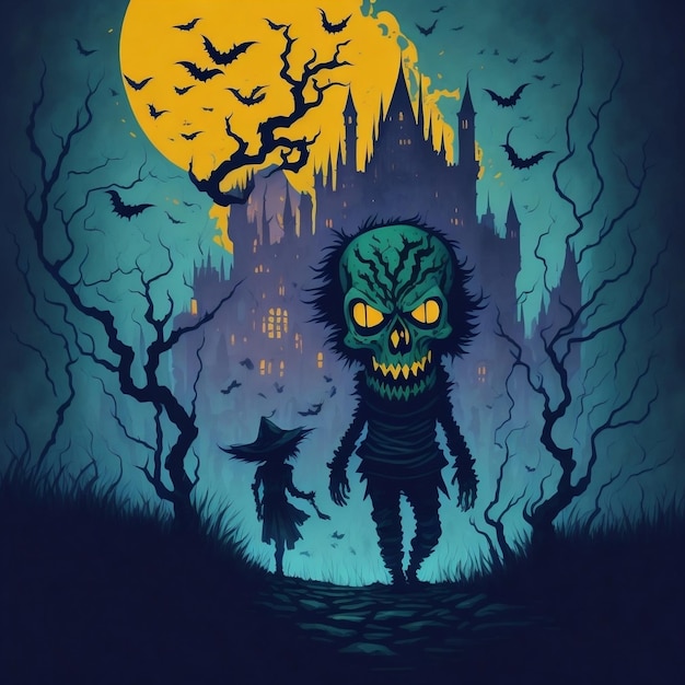 Casa assustadora de Halloween com abóboras de morcegos e fundo de zumbis