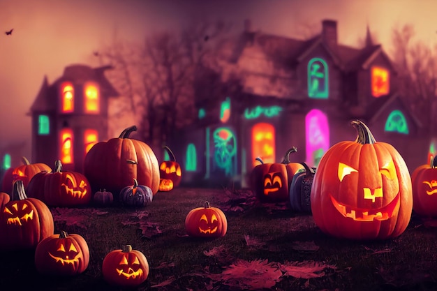 Casa assustadora de halloween com abóboras e cores neon