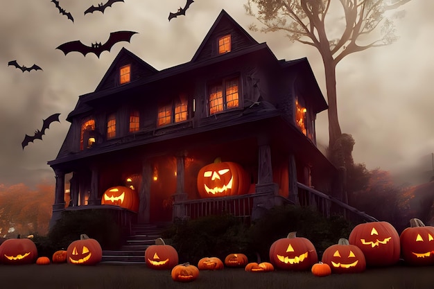 Casa assustadora de halloween com abóboras