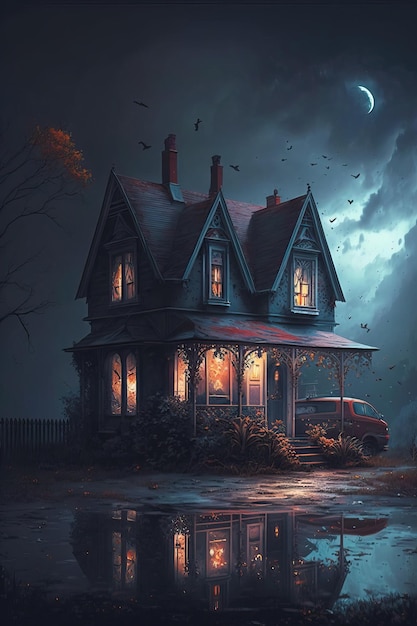 Casa assustadora mansão assombrada vintage assustador horror sinistro crepúsculo noite noite tempestuosa chuva escuridão medo construção de casa velho dia das bruxas mal nublado dramático fantasma