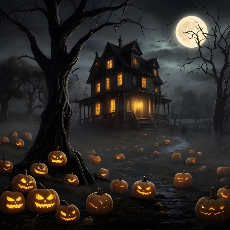 una casa asustadiza con calabazas en el frente y una luna llena detrás de ella