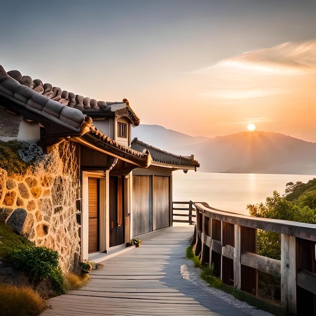 Una casa con un atardecer de fondo