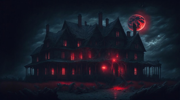 Casa aterradora en la muerte de la noche bañada en una luz roja causó una luna llena en el cielo nocturno