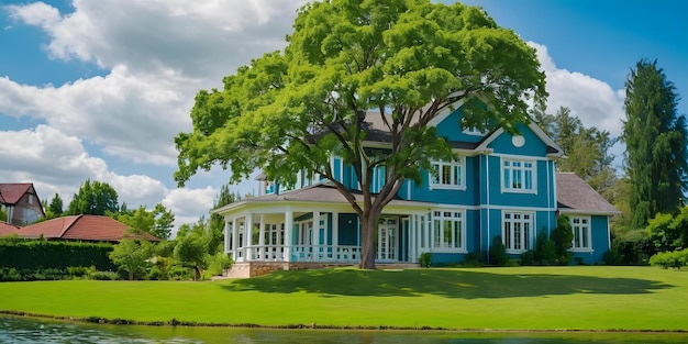 una casa azul con un árbol delante de ella y un lago de agua delante de ella