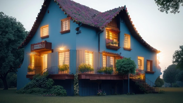 Una casa azul con balcón y las palabras "hogar" en el frente.