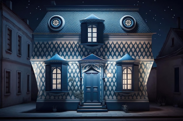 Casa azul blanca decorada con formas geométricas en el exterior de la fachada de una casa clásica por la noche