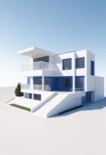 una casa azul y blanca con una escalera y escaleras