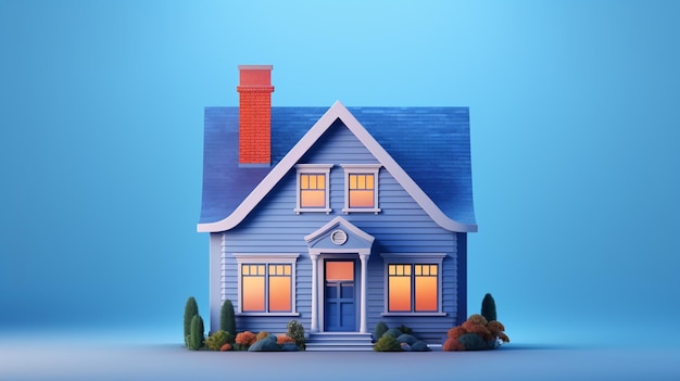 Una casa azul con chimenea y una chimenea con una luz roja en la parte superior.
