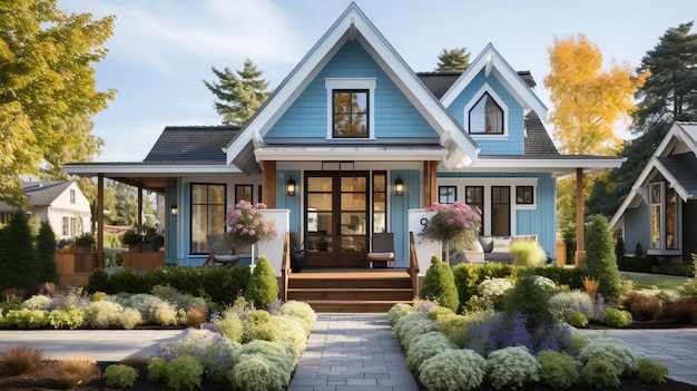 casa azul clássica com duas varandas de madeira