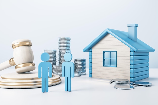 Casa azul com pilhas de moedas douradas, fêmea masculina e martelo em fundo de concreto, divórcio e conceito de divisão de propriedade, renderização 3D