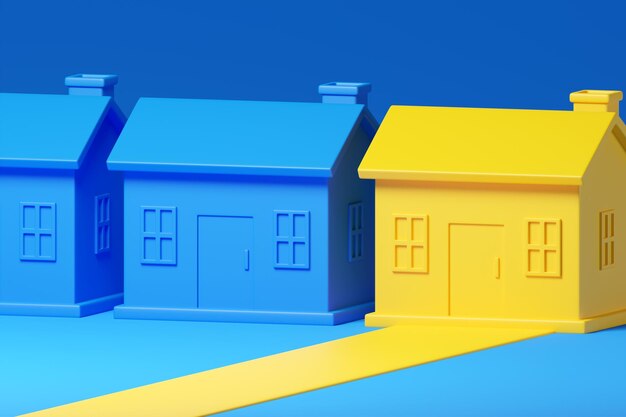 Foto casa azul e amarela fundo azul 3d render