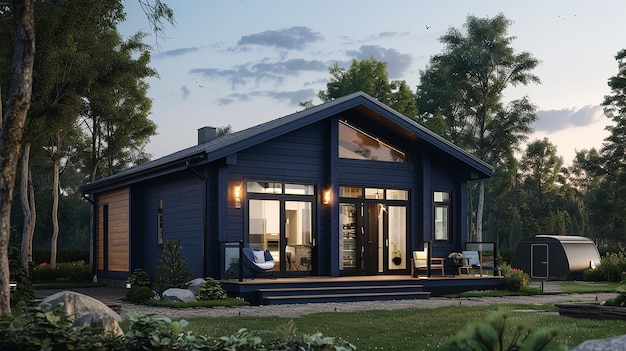 una casa azul con una gran ventana que dice "Bienvenido al patio trasero"