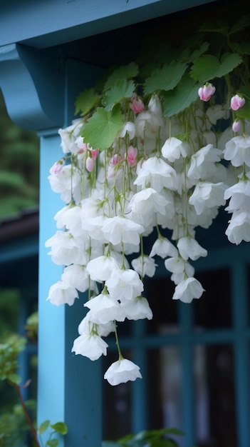 Una casa azul con una guirnalda de flores blancas.