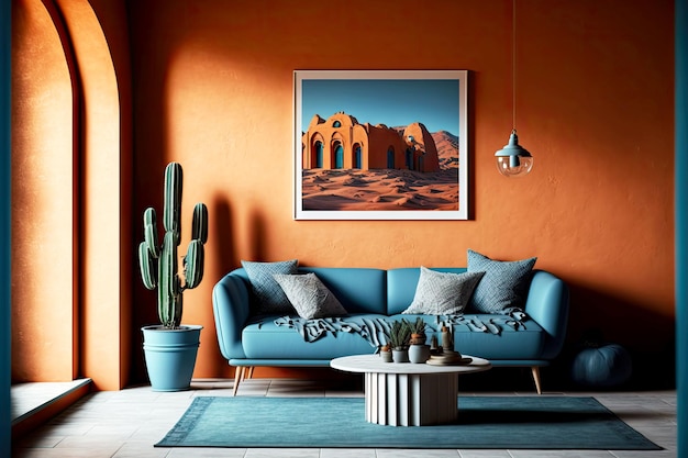 Foto casa azul interior com sofá e paredes de terracota
