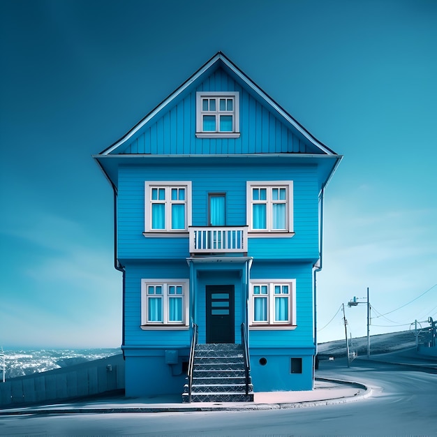 Casa azul na rua em Reykjavik Islândia