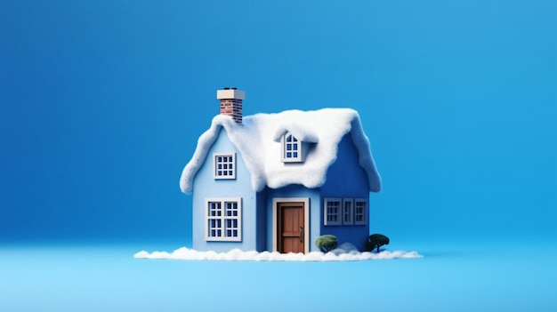 Una casa azul con nieve en el techo