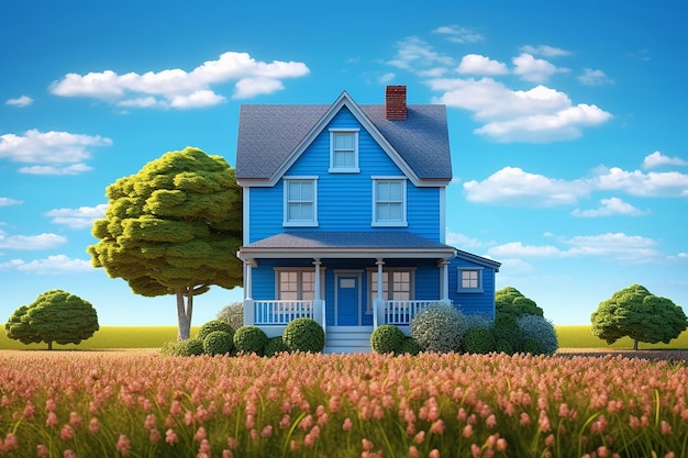casa azul y prado de hierba