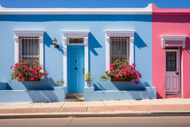 Foto una casa azul con una puerta azul y flores en las ventanas