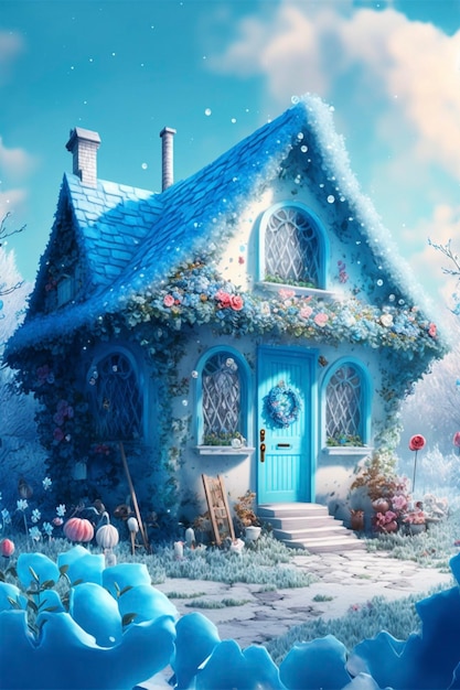 Casa azul sentada em cima de um exuberante campo verde generativo ai