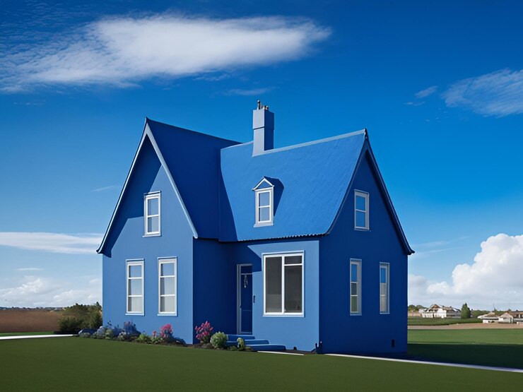 Casa azul con techo azul y techo azul