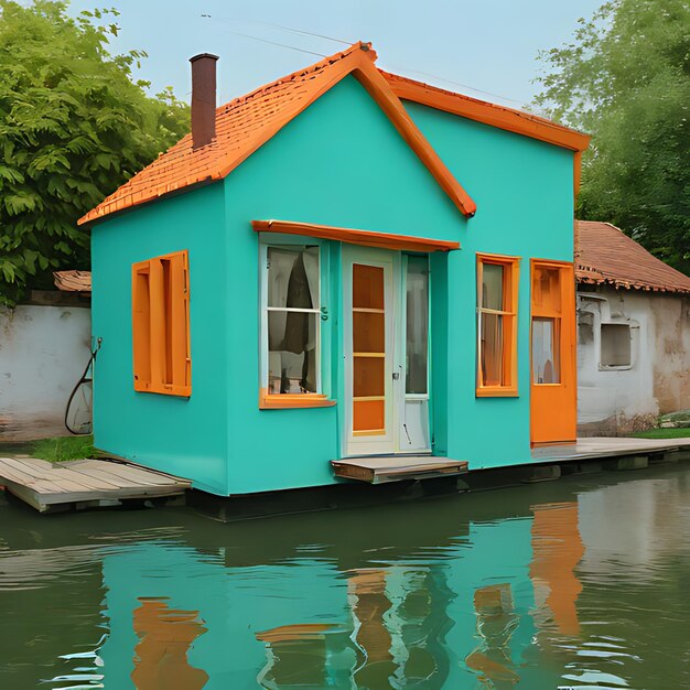 Foto una casa azul con techo naranja está en un muelle