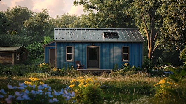 una casa azul con un techo que tiene la palabra cita en él