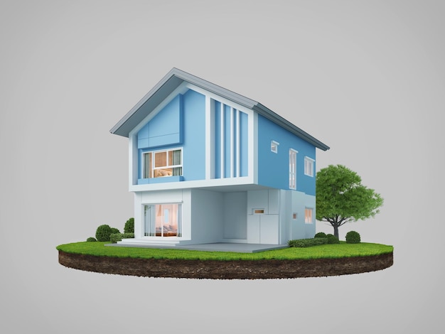Casa azul en tierra en estilo moderno renderizado en 3D