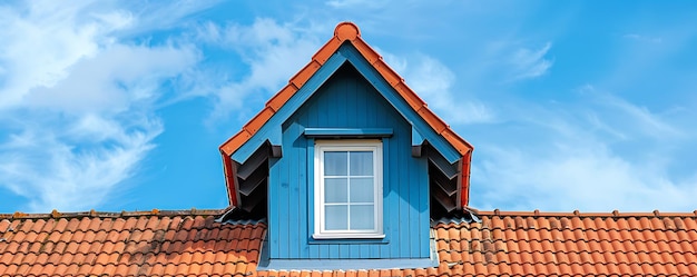Foto casa azul con una ventana y un fondo de cielo azul