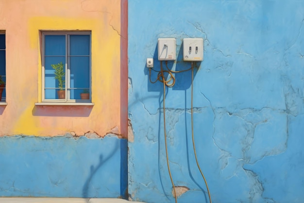 una casa azul con una ventana que dice 3.