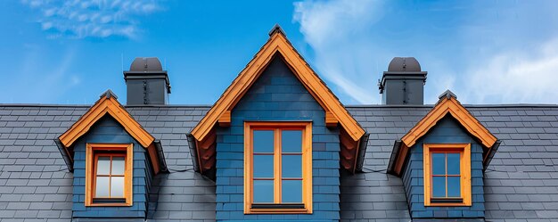 Foto una casa azul con una ventana que dice la palabra en la parte superior