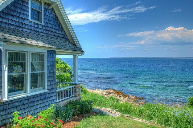 Foto una casa azul con vista al océano