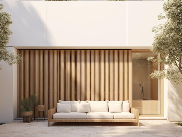 Casa de balcón exterior con sofá renderizado en 3D de alta calidad