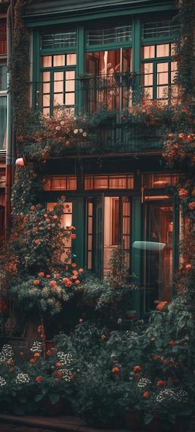 Una casa con balcón y flores.