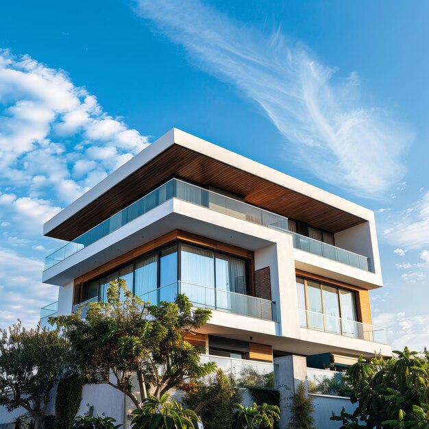 Foto una casa con un balcón y un fondo de cielo