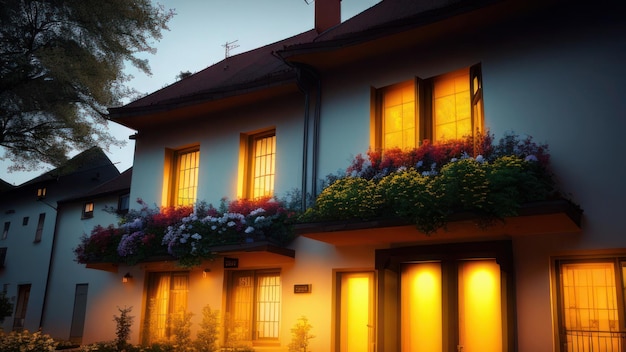 Una casa con un balcón en la noche