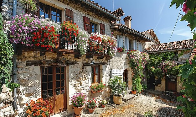 Foto una casa con un balcón que tiene flores en las ventanas