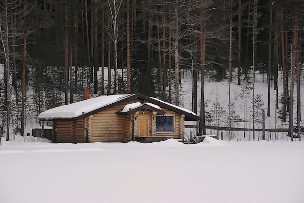 Foto casa de baños de madera en el bosque de invierno