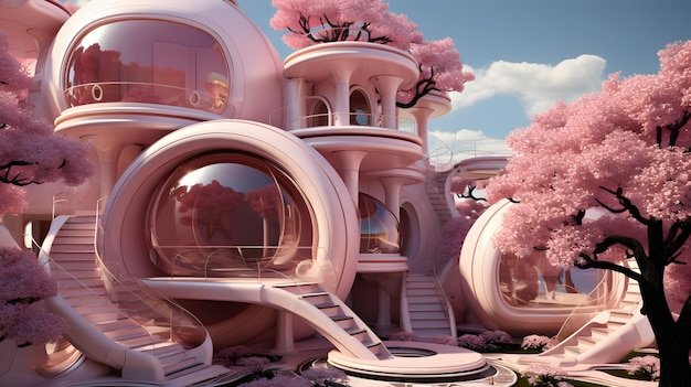 Casa barbie rosa en césped redondo con parque infantil rosa al estilo del mundo futurista