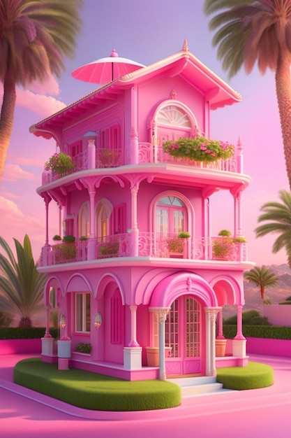 La casa de Barbie de varios niveles es de color rosa.