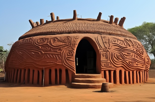 casa de barro con techo de paja de kakwanta en santacruz en el estilo del arte yoruba
