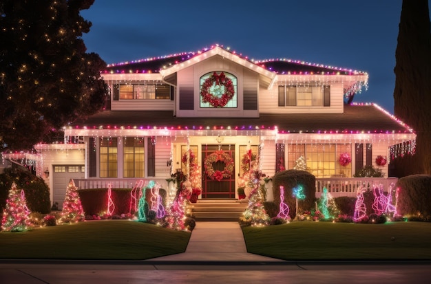 Casa bellamente decorada por la noche con luces navideñas