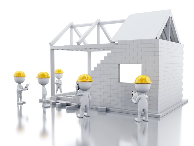 Casa blanca 3D en construcción con constructores
