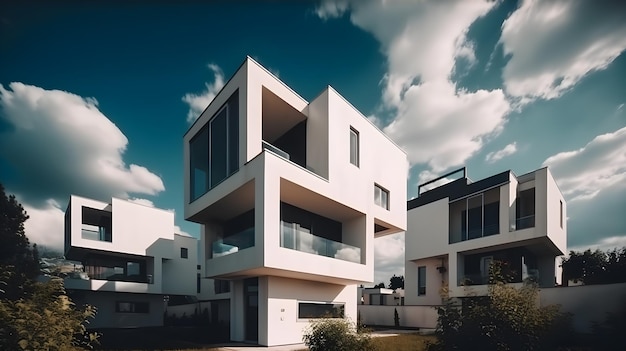 Una casa blanca con un balcón y un fondo de cielo.