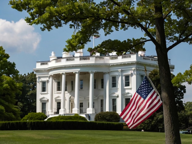 una casa blanca con una bandera en la parte superior