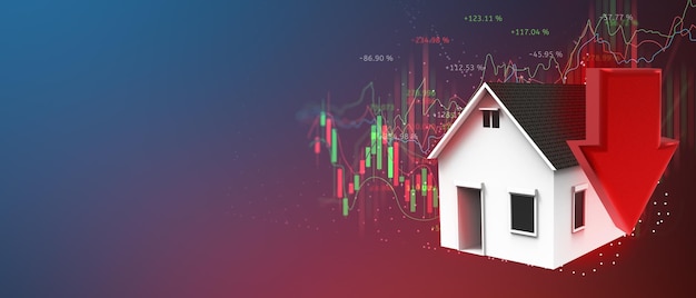 Casa blanca con un gráfico de flechas rojas hacia abajo en la ilustración 3d del negocio de datos del mercado de inversión