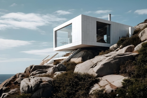 Una casa blanca en una ladera rocosa con un cielo azul de fondo.